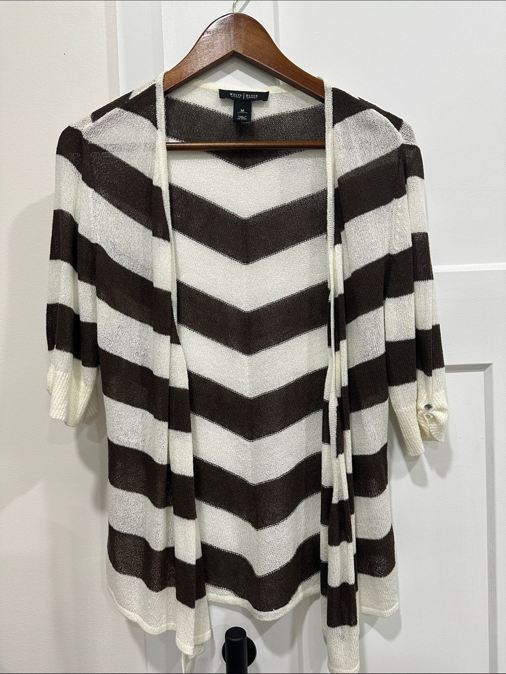White House Black Market Brown and White Chevron Open-Front Cardigan